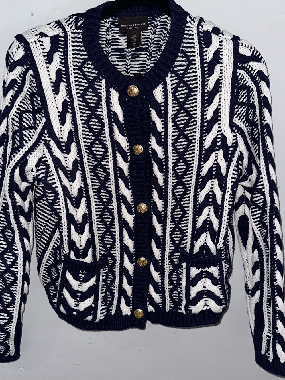 Martha Stewart Navy & White Textured Cable Cardigan with Gold Buttons